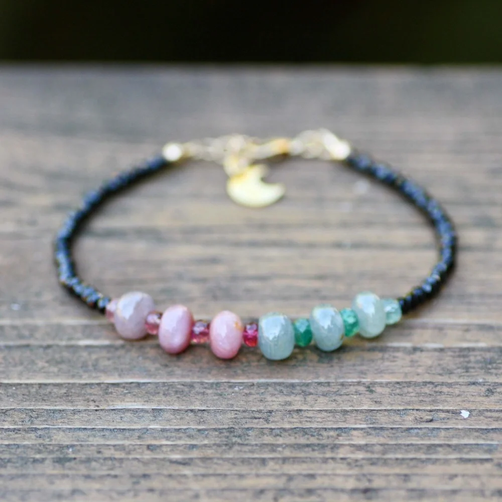 Sparkling Natural Black Spinel , Emerald and Sapphire Bracelet 14K Gold Filled - Picture 6 of 10